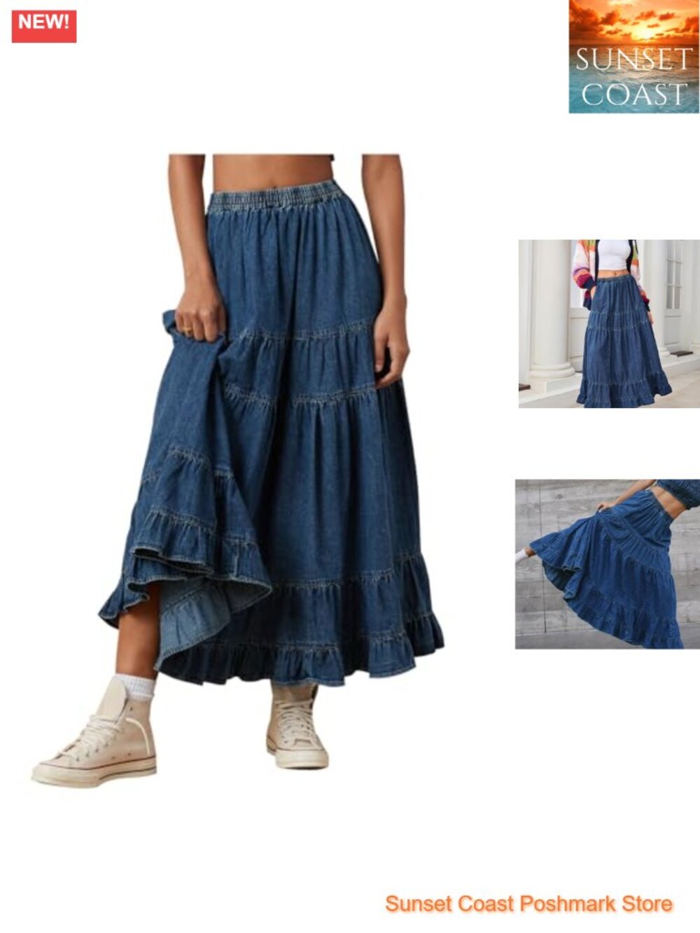 Womens Chambray Maxi Skirt Elastic Waist Pleated Tiered Flowy Long Denim Skirt